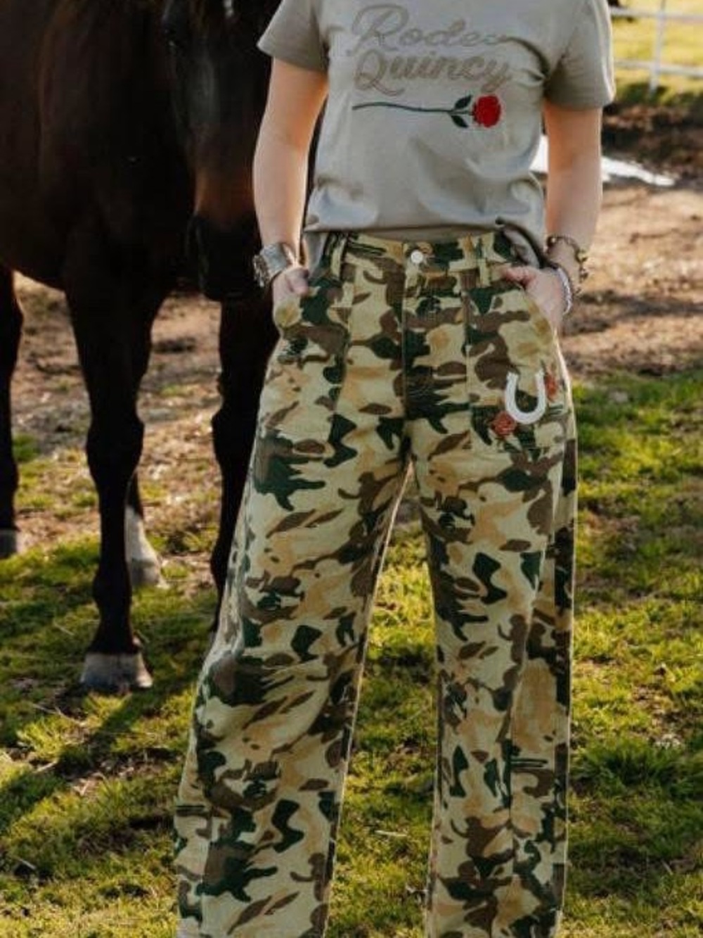 Rodeo Quincy Rose Camo Wide-Leg Cargo Pants with Embroidered Horseshoe